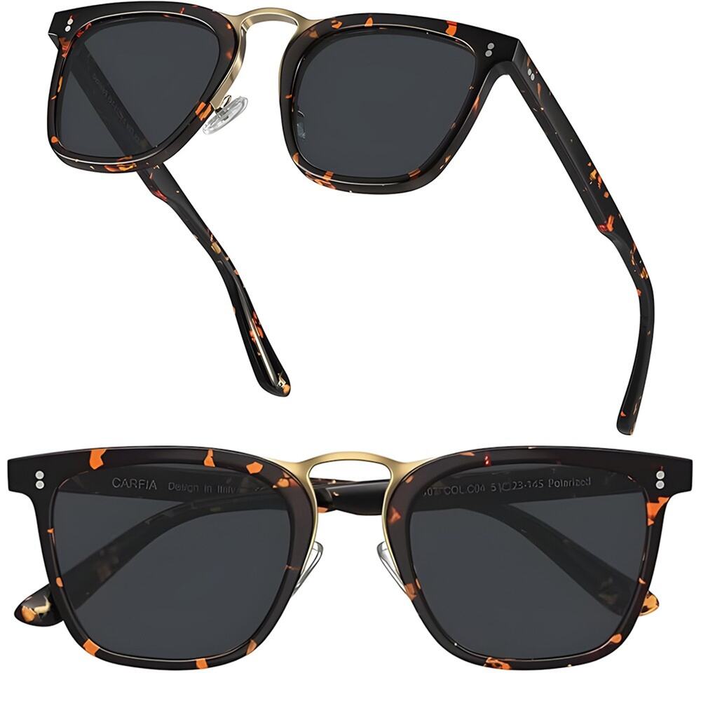 Classic Tortoiseshell Metal Bridge Square Sunglasses Polarized Lenses for Men
